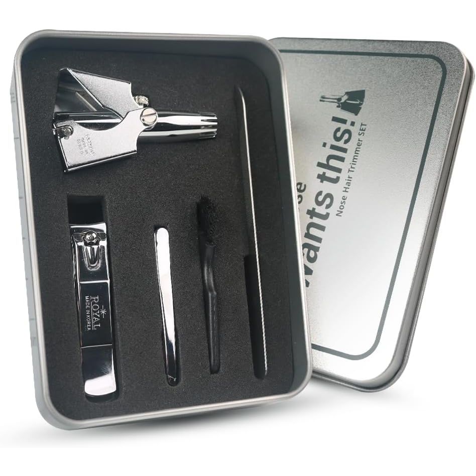 ROYAL [Made in Korea] Nose Hair Trimmer for Men Set, Birdie Set, with Nail Clippers and Tweezers, Manual, Battery-Free, Waterproof, Painless with Twelve Dual-Edged Blades, Patented Mechanism RET-4