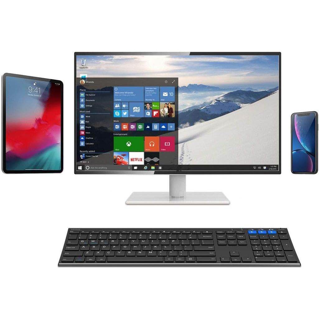 Arteck HB192 Universal Bluetooth Keyboard Multi-Device Stainless Steel Full Size Wireless Keyboard for Windows iOS Android Computer Desktop Laptop Surface Tablet Smartphone Rechargeable Battery - My Store