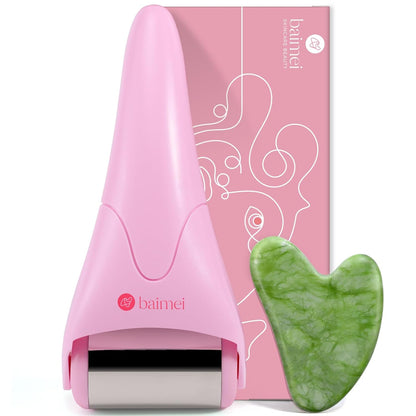 BAIMEI IcyMe Ice Roller for Face and Gua Sha Facial Tool Set, Ice Face Roller Reduces Puffiness Relieves Migraines Skin Care Tools, Self Care Gift for Women - Pink