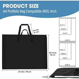 ZKOO Large Size Art Portfolio Bag, Light Weight Art Canvas Portfolio Case with Nylon Shoulder Strap, Carrying Storage Case for Artwork, Poster, Sketching, and Drawing (Compatible 24 * 36 Inch-Black)