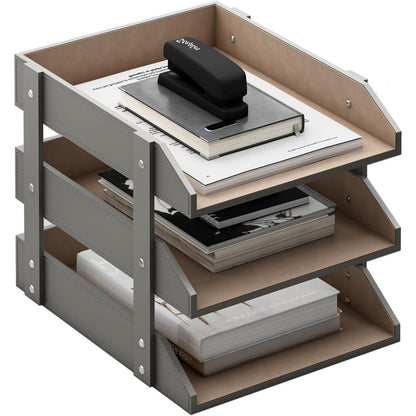 Leather Desk Organizer, Thipoten 3-Tier Stackable Letter Tray Holder for Office Supplies, Paper, File, Magazine, Perfect Office Organization for Desktop (Brown-3Tiers)