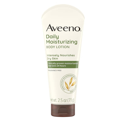 Aveeno Daily Moisturizing Body Lotion with Soothing Prebiotic Oat, Gentle Lotion Nourishes Dry Skin With Moisture, Paraben-, Dye- & Fragrance-Free, Non-Greasy & Non-Comedogenic, 2.5 fl. oz, 3 Pack