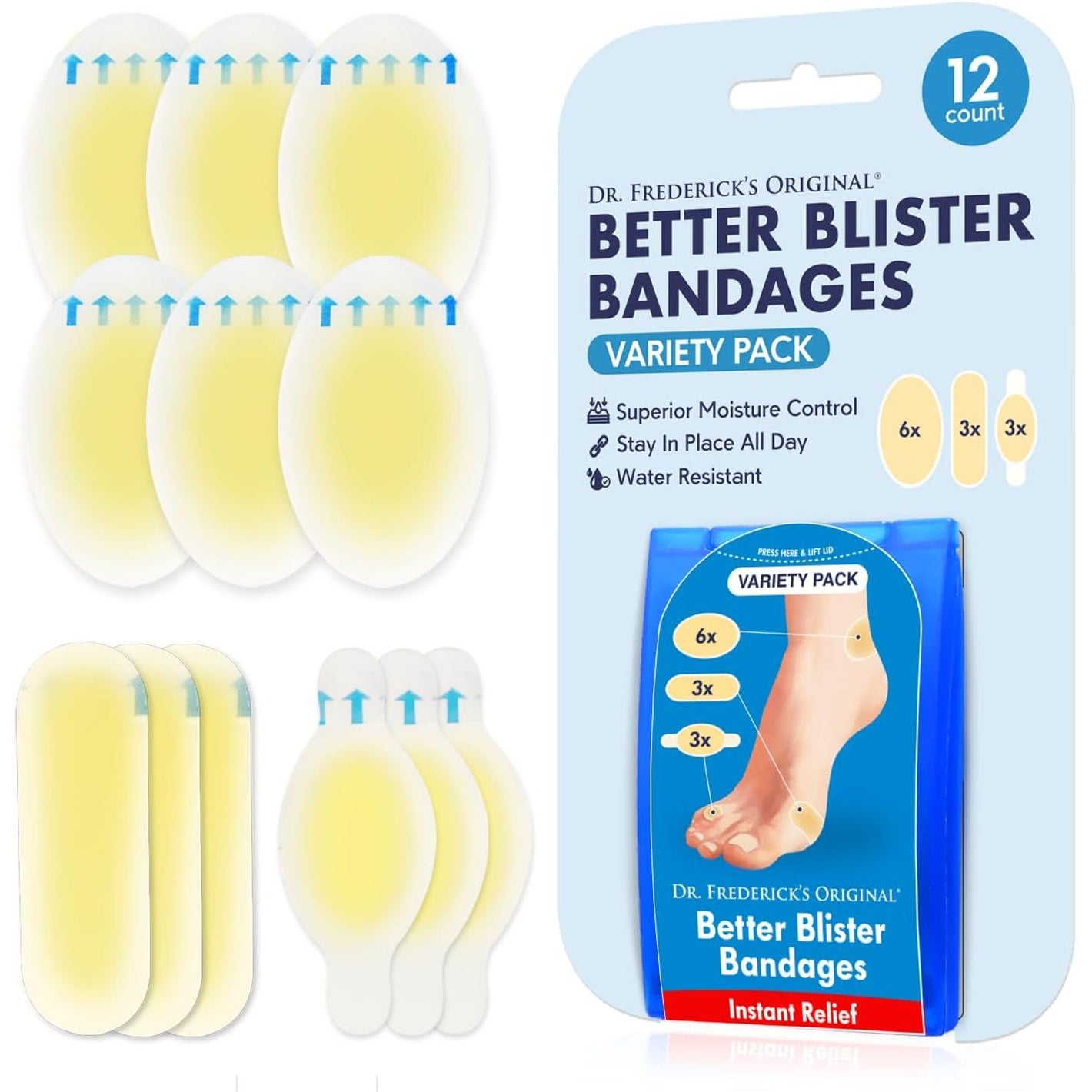 Dr. Frederick's Original Better Blister Bandages - 12ct - Water Resistant - 40% More Cushioning - Hydrocolloid Bandages for Foot, Toe, & Heel - Blister Pads for Prevention & Recovery - Variety Pack