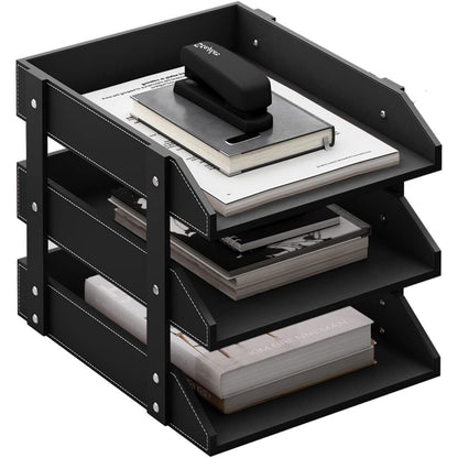 Leather Desk Organizer, Thipoten 3-Tier Stackable Letter Tray Holder for Office Supplies, Paper, File, Magazine, Perfect Office Organization for Desktop (Brown-3Tiers)