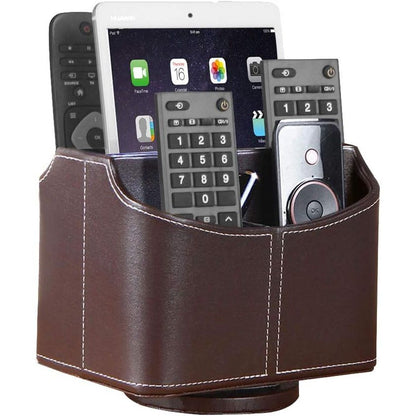 YAPISHI Antique Leather Remote Control Holder, 360 Degree Spinning Desk TV Remote Caddy/Box, Bedside Table Organizer for Controller, Media, Calculator, Mobile Phone and Pen Storage