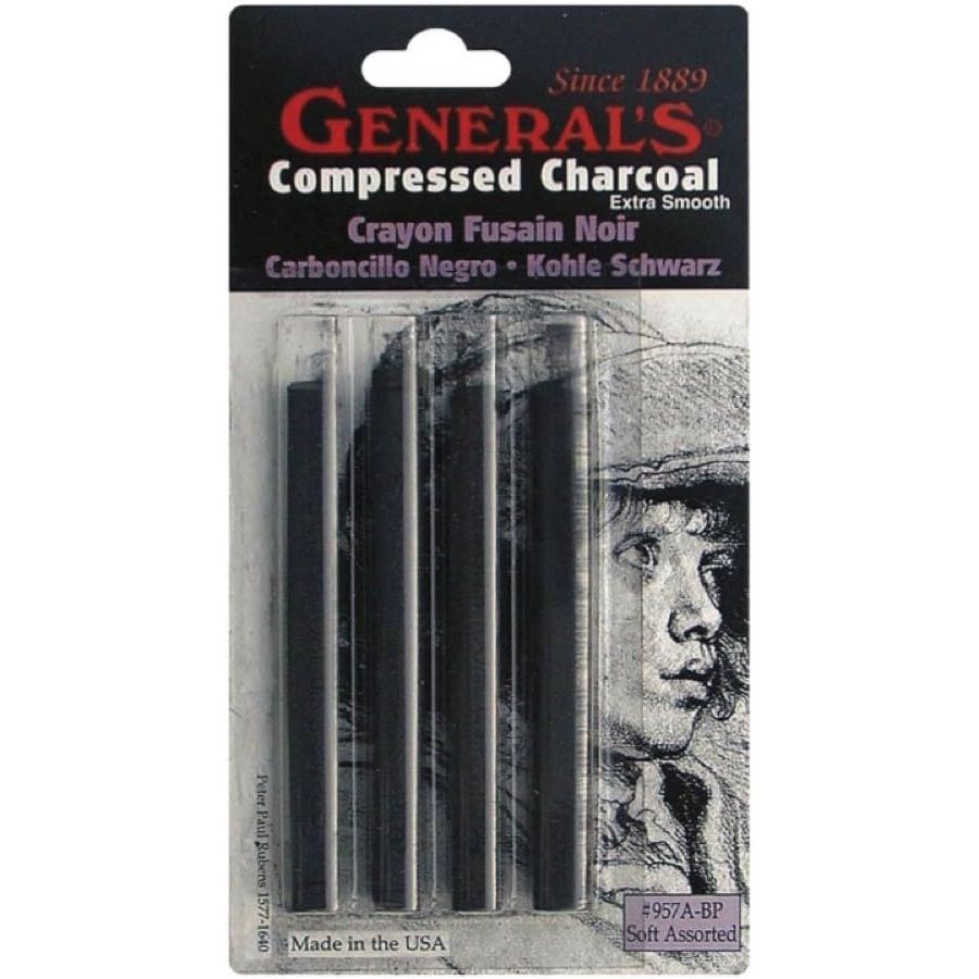 General Pencil 957ABP Compressed Charcoal Sticks 4/Pkg-Black - Soft Assorted