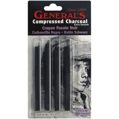 General Pencil 957ABP Compressed Charcoal Sticks 4/Pkg-Black - Soft Assorted