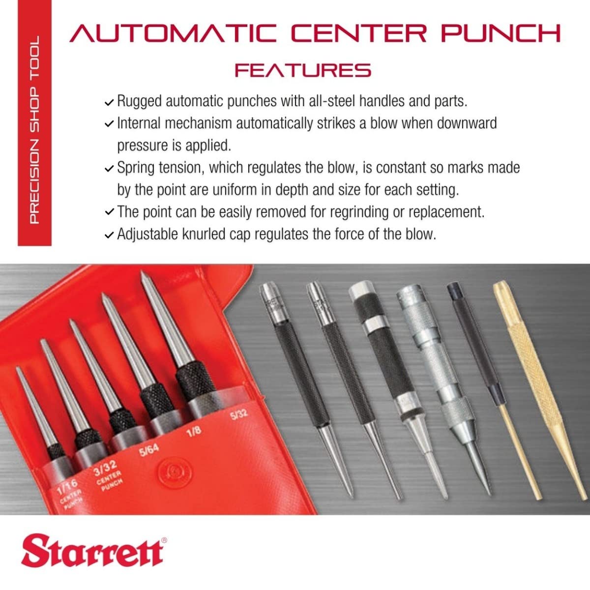 Buy now Starrett Steel Automatic Center Punch with Adjustable Stroke - 5" Length, 9/16" Punch Diameter, Lightweight, Knurled Steel Handle - 18A at indiglob india