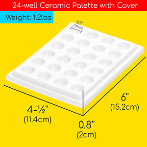 MEEDEN 24-Well Ceramic Watercolor Paint Palette with Cover, Porcelain Mixing Artist Palette 6 by 4-1/2 inch for Artist Watercolor Gouache Painting Coloring