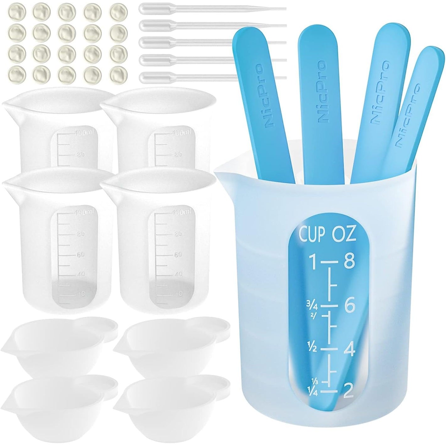 Silicone Resin Measuring Cups Tool Kit- Nicpro 250 & 100 ml Measure Cups, Silicone Popsicle Stir Sticks, Pipettes, Finger Cots for Epoxy Resin Mixing, Molds, Jewelry Making, Waxing, Easy Clean