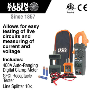 Buy now Klein Tools CL120KIT Clamp Meter Electrical Test Kit, AC Auto Ranging 400 Amp, Backlit Display, Includes GFCI Tester-Line Splitter-Pouch-Leads-3 x AAA at indiglob india