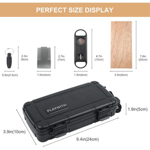 Travel Humidor Box With Cigar Accessories - Spanish Cedar, Humidifier, Cutter, Stand, Punch - Holds 4-5 Cigars - Waterproof, Crushproof, Airtight Seal