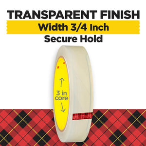 Scotch Brand Transparent Tape, Clear Tape Engineered for Office and Home Use, 3/4 x 2592 Inches, 3 Inch Core, 2 Rolls