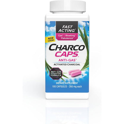 Charcocaps Fast Acting Gas Relief for Bloating & Flatulence, Drug Free Detoxifying Activated Charcoal Formula, 100 Capsules, 30 Day Supply, Pink