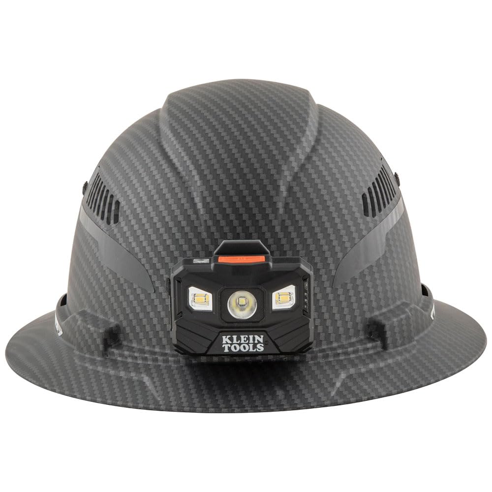 Buy now Klein Tools 60347 Hard Hat, Vented Full Brim, Class C, Premium KARBN Pattern, Rechargeable Lamp, Padded Sweat-Wicking Sweatband, Top Pad at indiglob india