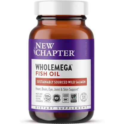 New Chapter Wholemega Fish Oil Supplement - 2000mg per Serving, Clinically Proven Wild Alaskan Salmon Oil with Omega-3 + Vitamin D3 + Astaxanthin, 120 Softgels