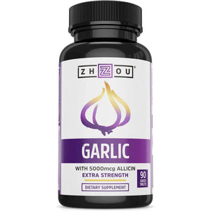 Zhou Garlic with Allicin - Garlic Supplements, Odorless Garlic Extract Pills for Men & Women, 5000 mcg Allicin Per Tablet for Immune & Heart Health - 90 Coated Tablets (Pack of 1)