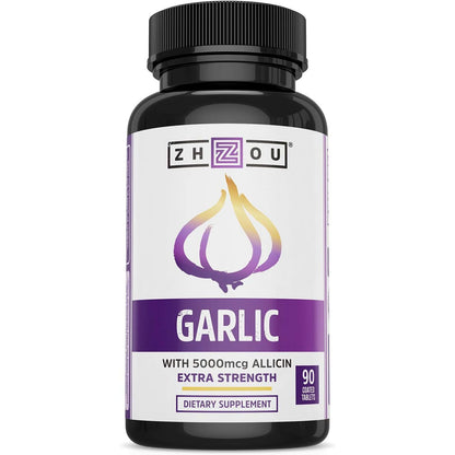 Zhou Garlic with Allicin - Garlic Supplements, Odorless Garlic Extract Pills for Men & Women, 5000 mcg Allicin Per Tablet for Immune & Heart Health - 90 Coated Tablets (Pack of 1)