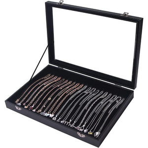 ByKen 20 Hooks Necklace Organizer Box/Tray, Chains Showcase Storage Boxes for Girls,Stackable (Black Velvet)