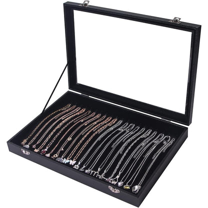 ByKen 20 Hooks Necklace Organizer Box/Tray, Chains Showcase Storage Boxes for Girls,Stackable (Black Velvet)