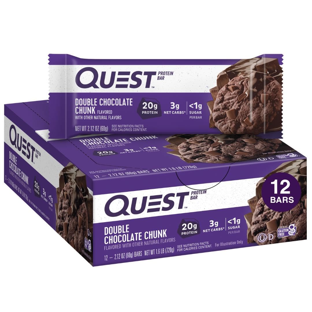 Buy now Quest Nutrition Chocolate Brownie Protein Bar, 20g Protein, 1g Sugar, 4g Net Carb, High Fiber, Gluten Free, 12 Count Double Chocolate Chunk 12 Count (Pack of 1) at indiglob india