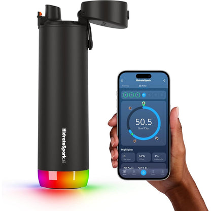 Hidrate Spark PRO Smart Water Bottle – Tracks Water Intake with Bluetooth, LED Glow Reminder When You Need to Drink – Chug Lid, 21oz, Black