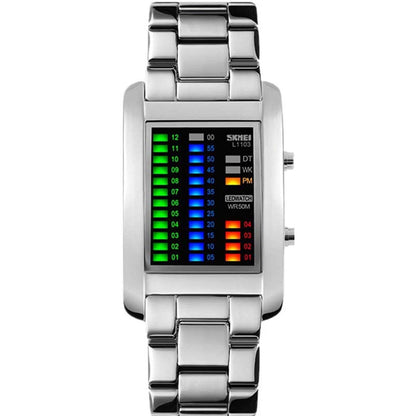 Men's Creative Binary Matrix Blue LED Digital Waterproof Watch Stainless Steel Military Silver Watches