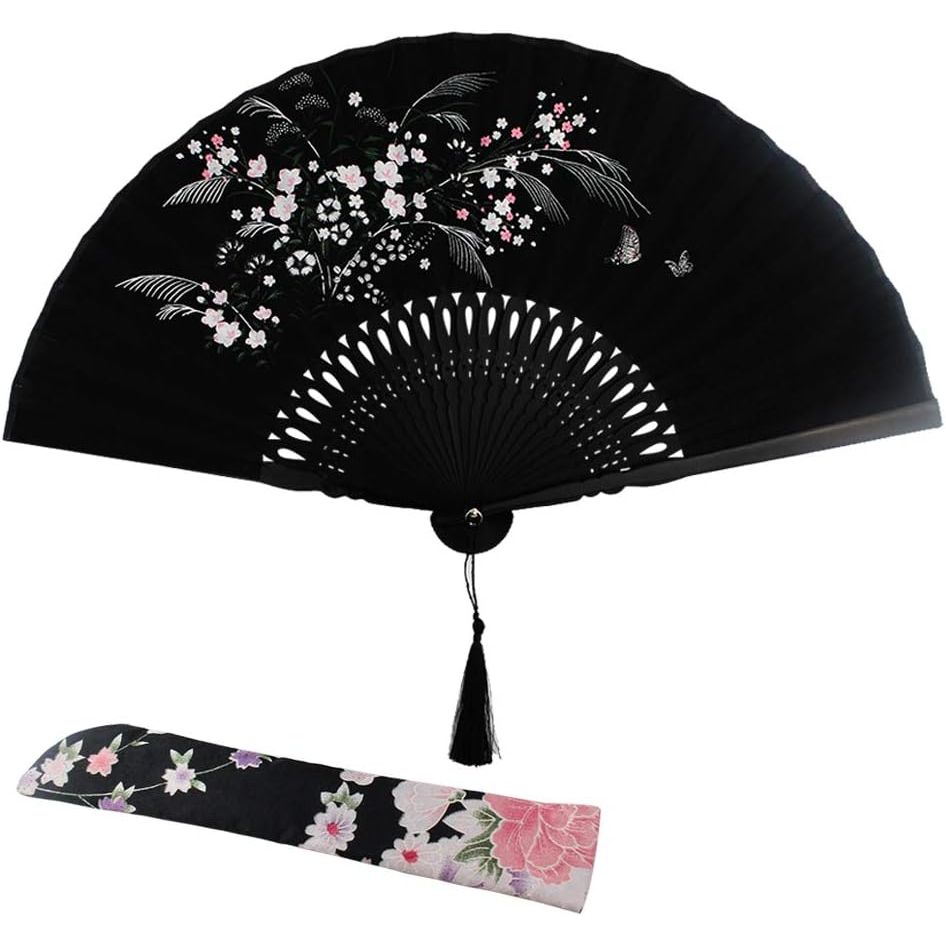 Wobe Grassflowers Folding Hand Fan - Fabric Sleeve Protection - Birthday Gifts - Chinese/Japanese Vintage Style - Home Decorations