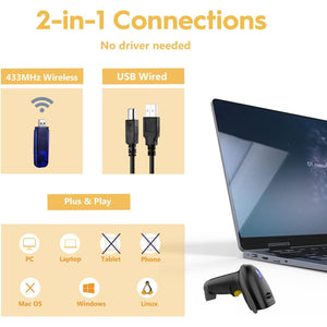 NADAMOO Wireless Barcode Scanner 328 Feet Transmission Distance USB Cordless 1D Laser Automatic Barcode Reader Handhold Bar Code Scanner with USB Receiver for Store, Supermarket, Warehouse