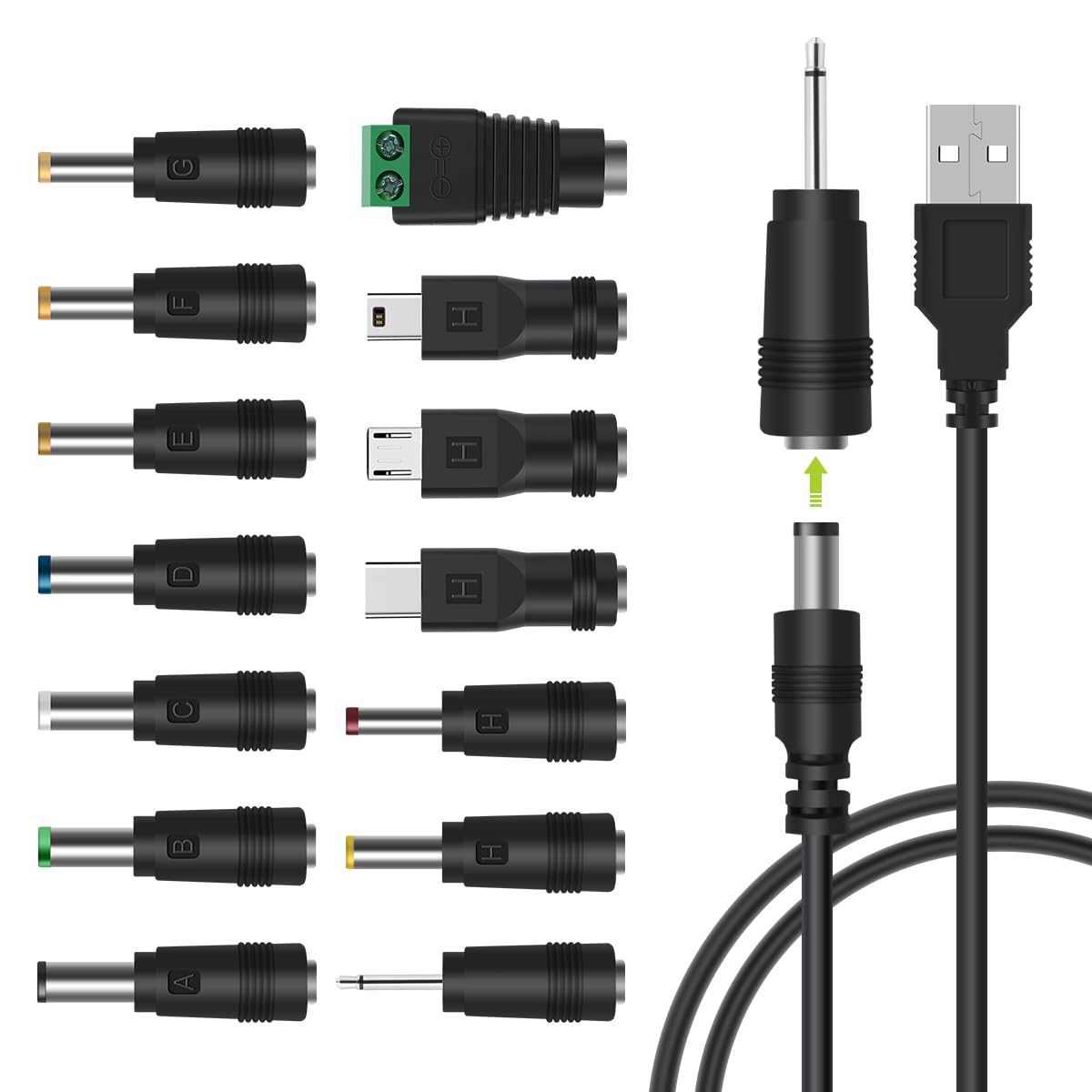 LANMU USB to DC Power Cable, DC 5V Power Cord 5.5 2.1mm Jack Charging Cable with 14 Interchangeable Plugs Addapters for 5V Devices