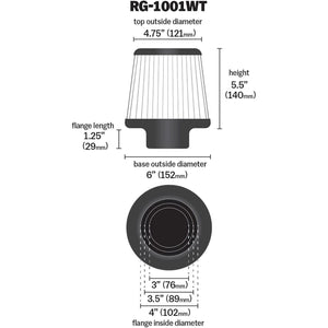 K&N High-Flow Original Lifetime Universal Clamp-On Air Filter: Performance, Premium, Washable: Flange Diameter: 4 In, Filter Height: 5.5 In, Flange Length: 1.125 In, Shape: Round Tapered, RG-1001WT