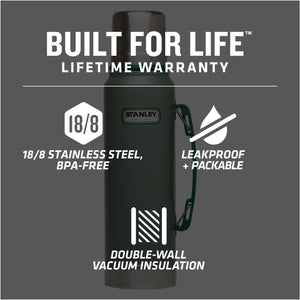 Stanley Heritage Classic Vacuum Bottle with Handle 1.1 qt | Wide Mouth with Leakproof Cup Lid | Keep Drinks Hot or Cold for Travel | Insulated Stainless Steel Thermos | BPA-Free | Hammertone Green
