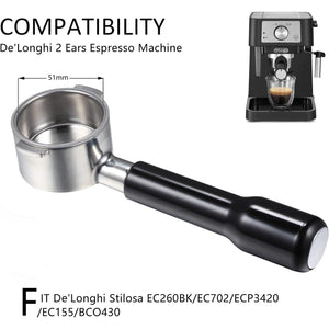 51mm portafilter for Delonghi ECP3420/EC155/BCO430/EC260, 51mm bottomless portafilter 2 ears, Stainless Steel Replacement Parts for Delonghi Handle
