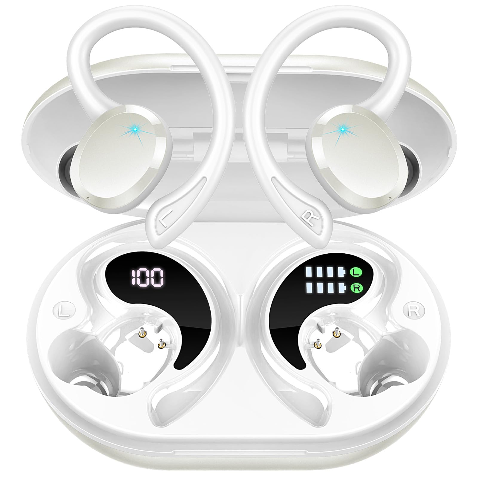 Buy now Ltinist Wireless Earbud, Bluetooth 5.3 Headphones Pure Bass Sound with Earhooks, 75H Battery Over Ear Headphones with Dual-LED Display, IP7 Waterproof Earphones Built-in Microphone for Running Sports S-Pearl White at indiglob india