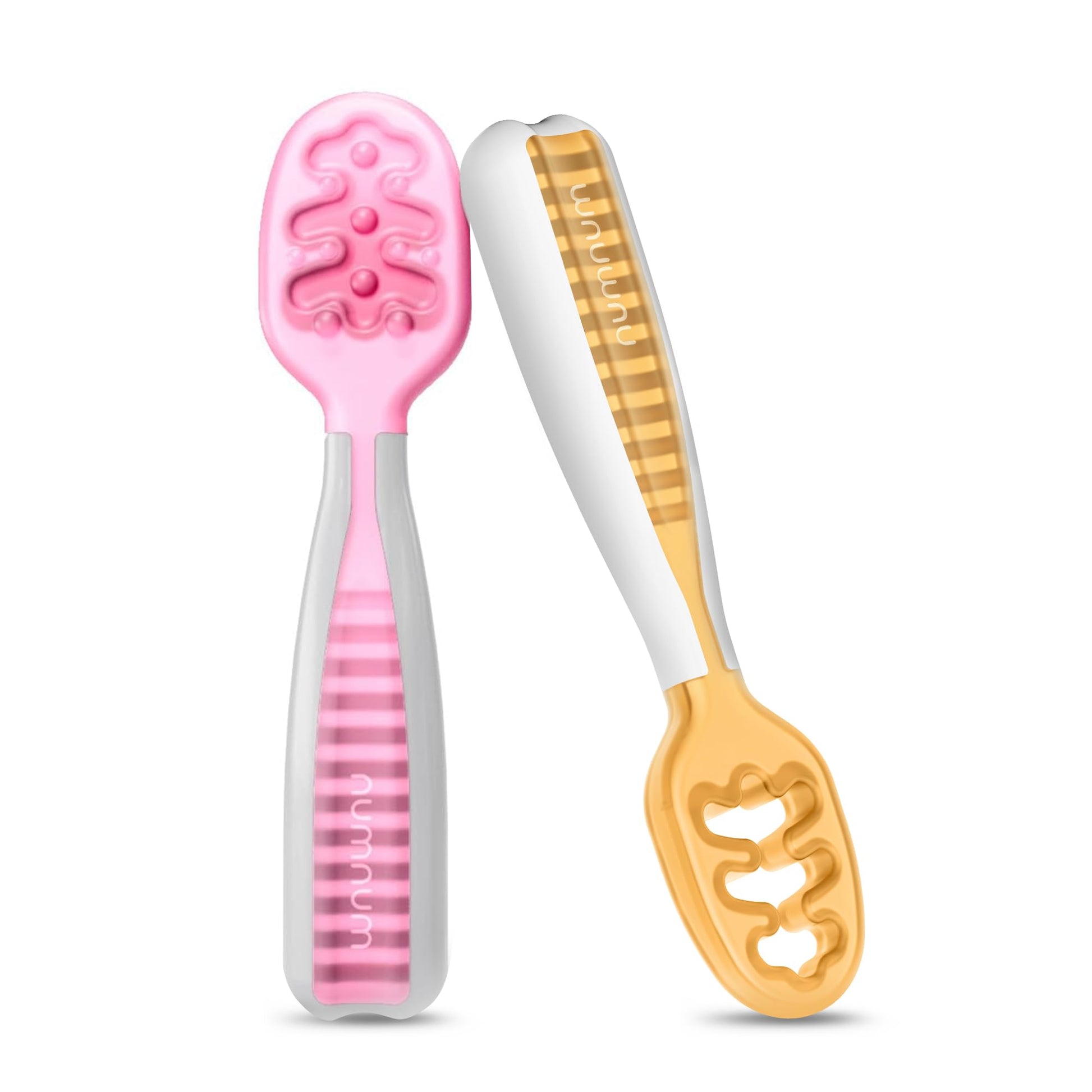 Buy now NumNum Baby Spoons Set, Baby Essentials Pre-Spoon GOOtensils for 6+ Months, First Stage Self-Feeding Spoons for Baby Led Weaning (BLW), Silicone Toddler Utensils, BPA-Free, 2 Pack Gray/Green 16 - Pink Orange 2 Spoons at indiglob india