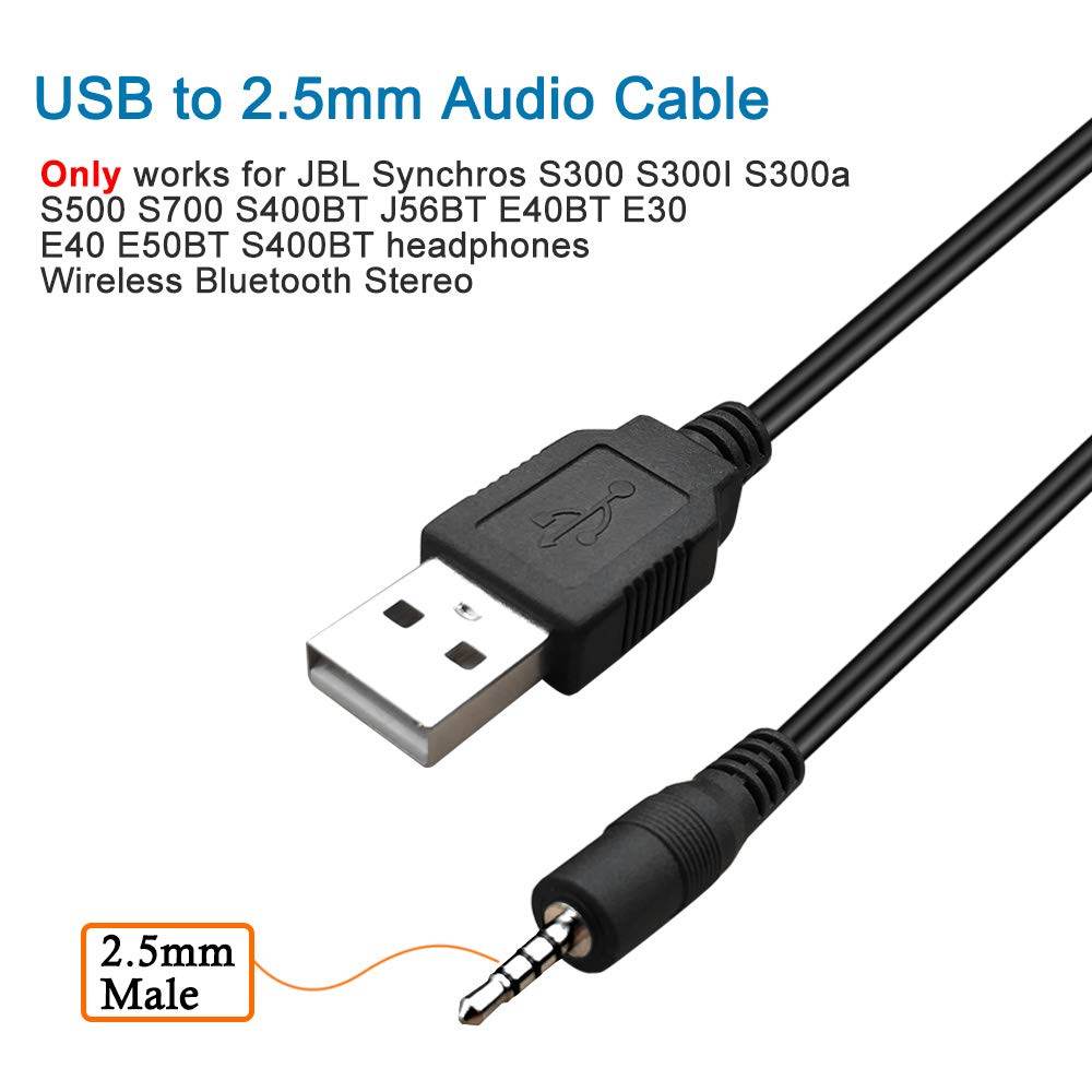 USB to 2.5mm Male AUX Audio Jack Charging Cable for JBL Synchros S300 S300I S300a S400BT J56BT E40BT E30 E40 E50BT S500 S700 Headphones Stereo Power Wire for JBL Charger Cord - My Store