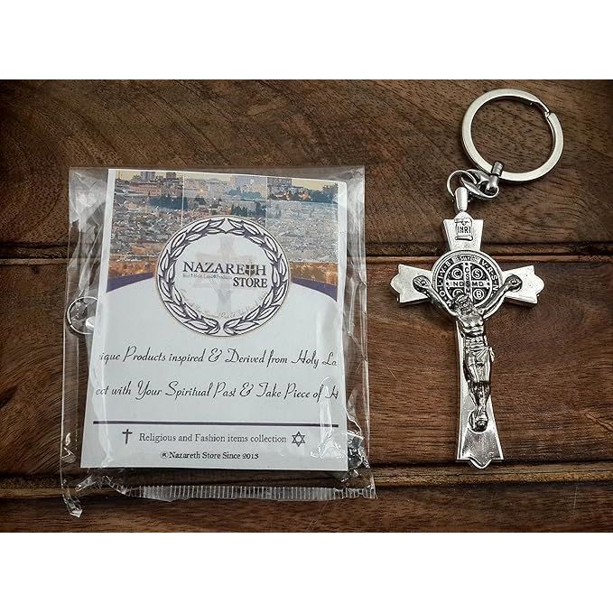 Buy now Nazareth Store Saint Benedict Cross Keychain Catholic Crucifix Medal Keyring Jerusalem Charm 3" at indiglob india