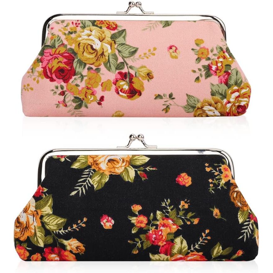 Oyachic 2 Packs Large Coin Purse Floral Cell Phone Pouch Clasp Wallet Handbags Change Pouch Clutch Buckle Vintage Kiss Lock Key Holder Women Bag