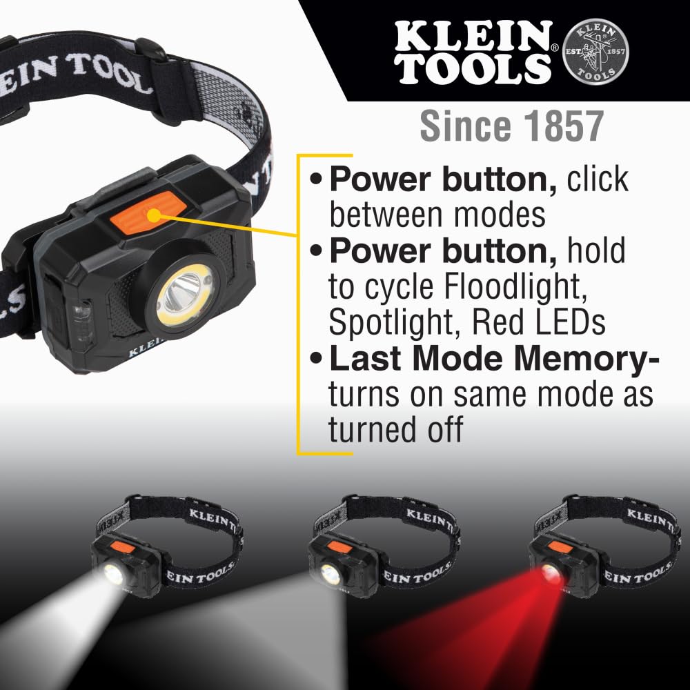 Buy now Klein Tools 56414 Rechargeable 2-Color LED Headlamp, Fabric Strap, Spotlight, Floodlight, Red LED, 800 Lumens, USB Cable, Camping, Running at indiglob india