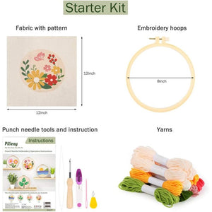 Pllieay Punch Needle Embroidery Starter Kits for Kids and Adults Beginners, Include Instructions, Punch Needle Fabric with Floral Pattern, Yarns, Embroidery Hoops and Threader Tools