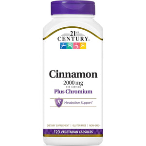 21st Century 2000 mg Cinnamon Plus Chromium Vegetarian Capsules (120 Count), Cinnamon Supplements Supports Sugar & Carbohydrate Metabolism, Gluten-Free, Non-GMO, No Added Artificial Flavors