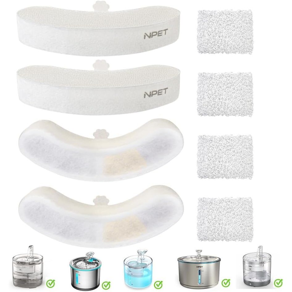 NPET Upgraded Design 4 Pack Replacement Filters for WF050/WF100 Cat Water Fountain and WF210 Stainless Steel Pet Drinking Fountain