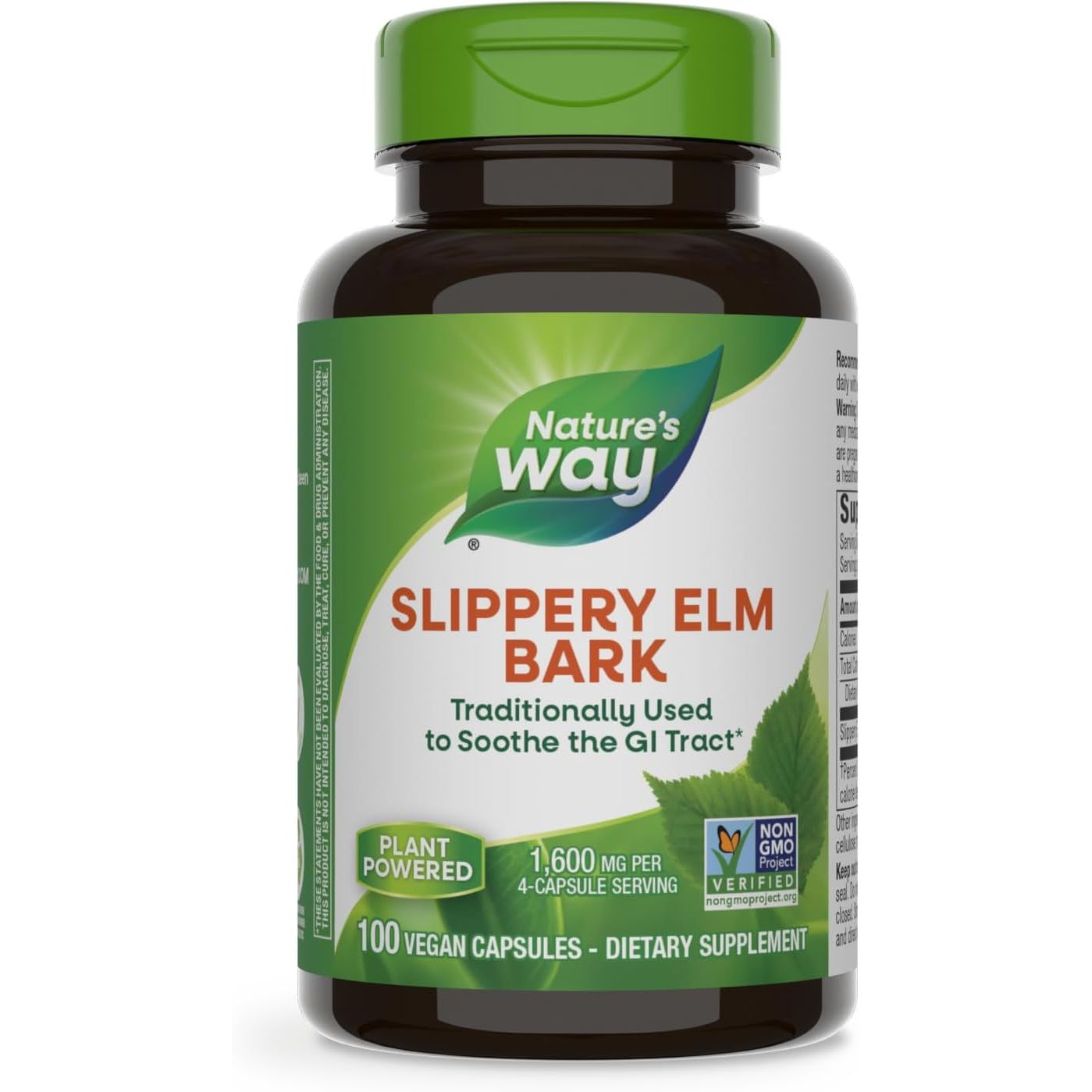 Nature's Way Slippery Elm Bark, Traditional Support to Soothe the GI Tract*, Vegan, Slippery Elm Capsules, 100 Capsules