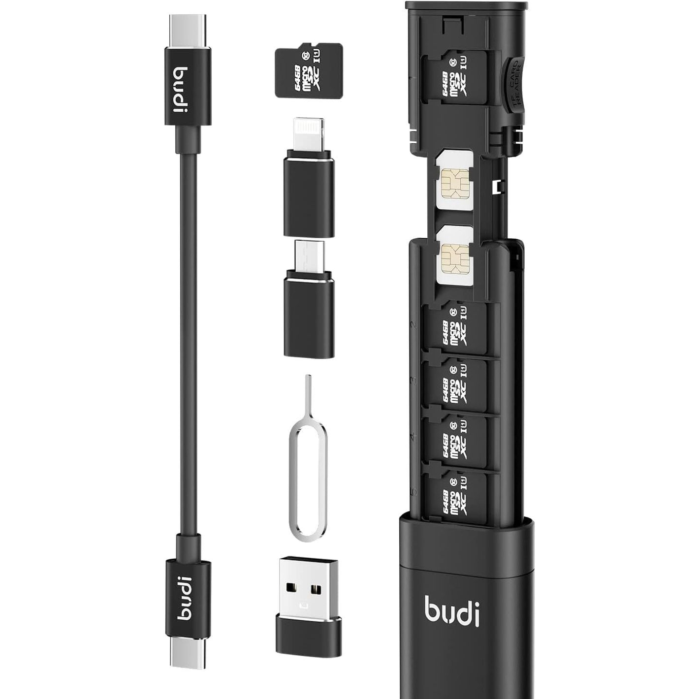 BUDI Multifunctional 9 in 1 Data Cable with USB Type-C Card Reader Micro SD Memory Card high-Speed Card Reader Adapter Suitable for Mobile Phone Cameras and Computers