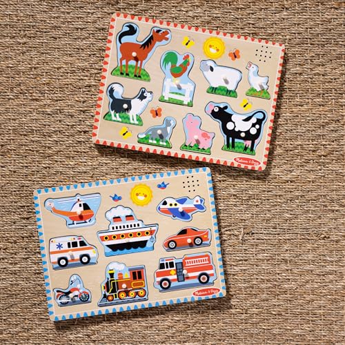 Buy now Melissa & Doug Wooden Light-Activated Sound Puzzle 2-Pack for Toddler and Preschool Boys and Girls ƒ?? Farm Animals, Vehicles at indiglob india