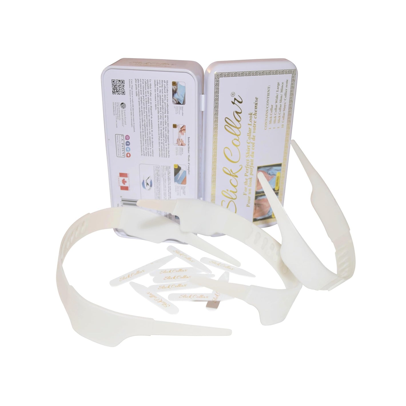 Buy now Slick Collar Shirt Collar Support System set with 3 adjustable, 10 premium Collar Stays & a Durable tin Travel EDC Box in White at indiglob india