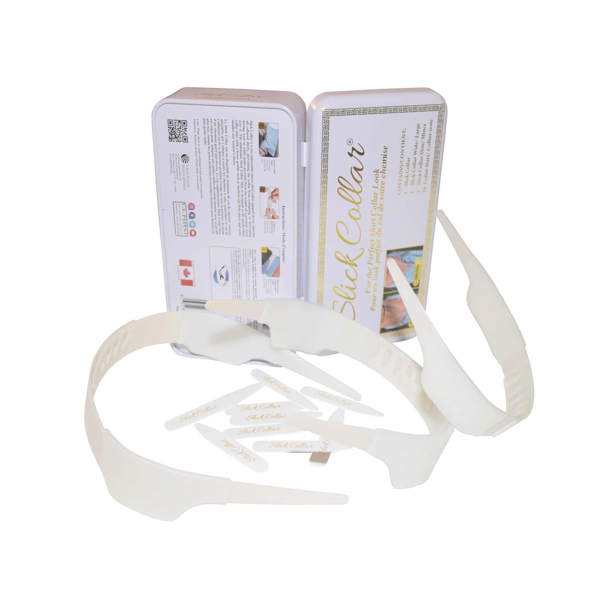 Buy now Slick Collar Shirt Collar Support System set with 3 adjustable, 10 premium Collar Stays & a Durable tin Travel EDC Box in White at indiglob india