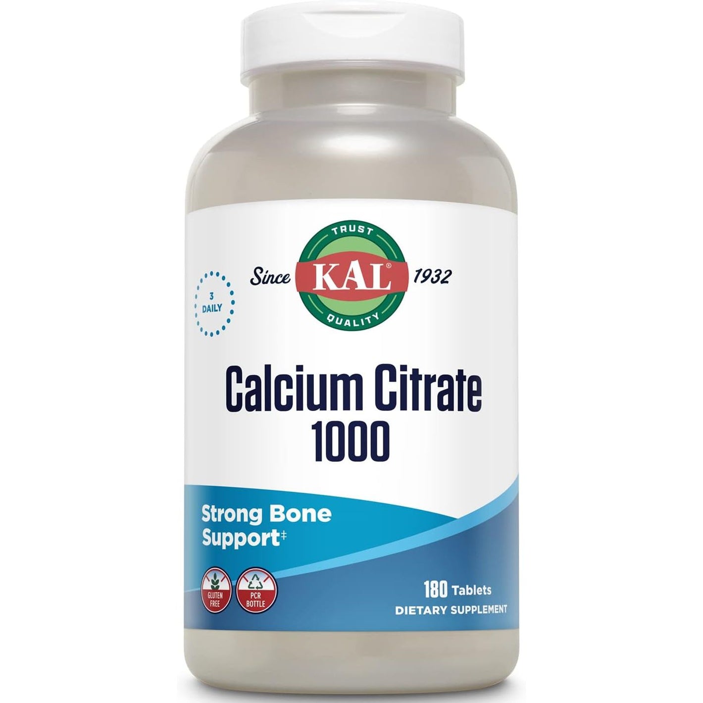 KAL Calcium Citrate 1000mg, Calcium Supplements for Women and Men, Bone Health, Teeth, Nervous, Muscular & Cardiovascular System Support, Gluten Free and Lab Verified, 60 Servings, 180 Tablets