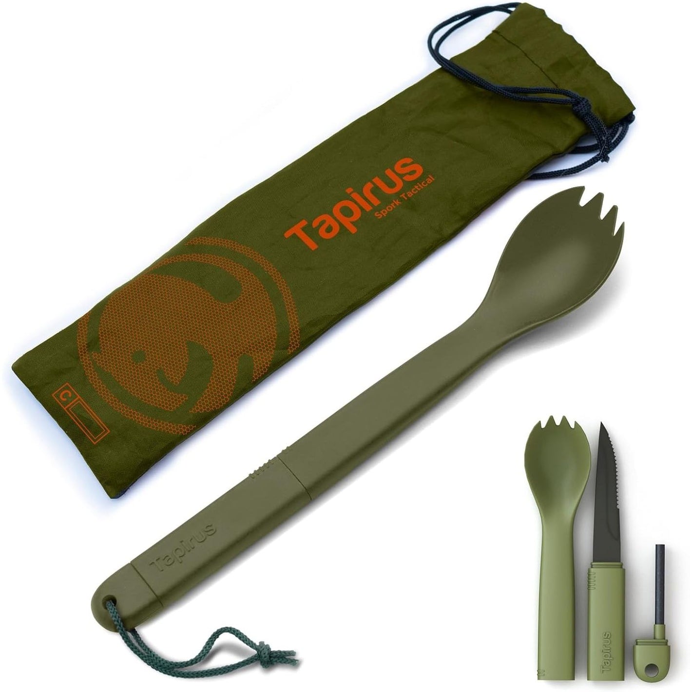 Tapirus Spork Tactical Green | BPA Free Spoon Fork, Stainless Steel Knife and Fire Starter | 3 in 1 multipurpose utensil | Outdoor hiking, camping & backpacking gear | Fit for MRE