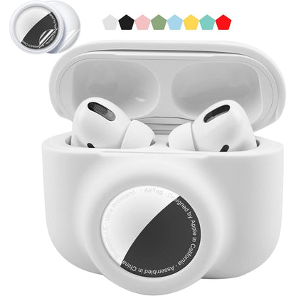 2 in 1 Protective Skin Case Compatible for Airpods Pro and Airtag Case Combo Set, Silicone GPS Tracker Cover Holder, Soft Shock-Proof Anti-Scratch Anti-Lost(White)